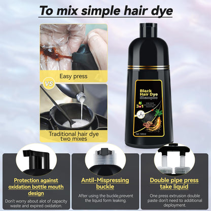 JIESSIA 3 IN 1 Hair Color Shampoo Dye — Semi-Permanent Grey Coverage, Herbal Blend, 16.9 fl oz