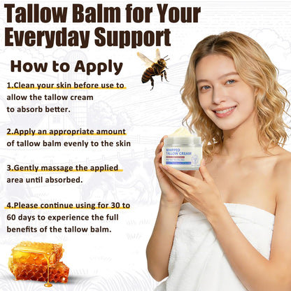 JIIANERY Beef Tallow Balm for Skin – 100% Organic Grass-Fed Whipped Tallow & Honey Moisturizer