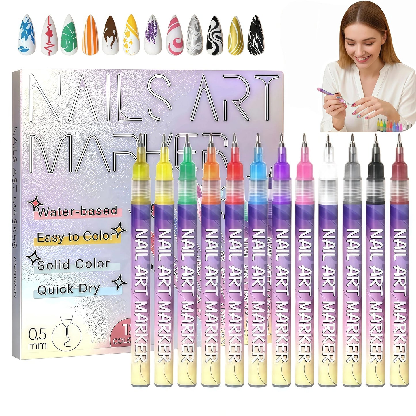 JIJOE Nail Art Pen Set – 12 Quick-Dry Nail Art Pens for Beginners | Adult DIY Manicure Toolkit