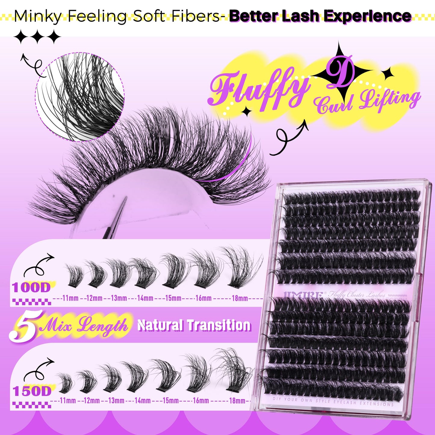 JIMIRE Lash Clusters Thick 100D+120D Volume Lashes 280Pcs | 11-18mm D Curl, DIY at Home