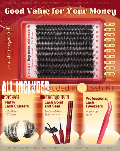 JIMIRE Fluffy Lash Clusters Kit 200D D-Curl – DIY Lash Extensions (10-18mm) with Bond & Seal