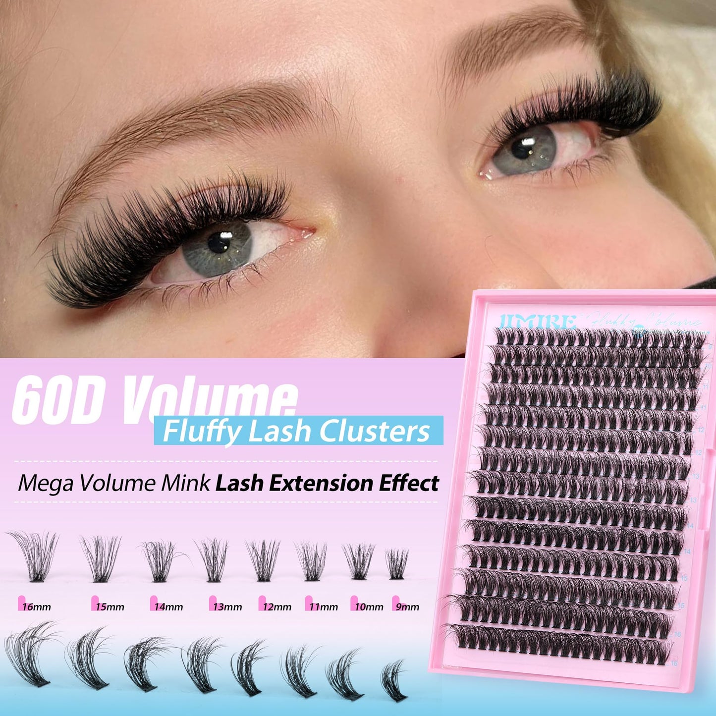 JIMIRE Fluffy Lash Clusters — 50D D Curl Volume Lashes, 9–16mm, 280Pcs, Beginner Friendly