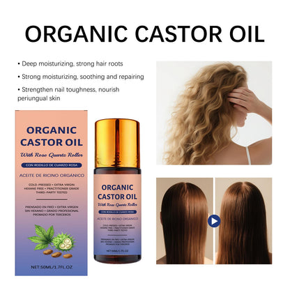 JISKG 2 Pcs Organic Castor Oil with Rose Quartz Roller – Hexane-Free, Cold-Pressed