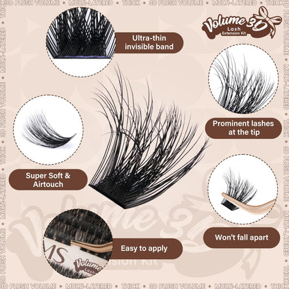 JMS&JMS Lash Clusters Kit 3D Effect – 280 Clusters, D Curl, Waterproof Bond & Seal