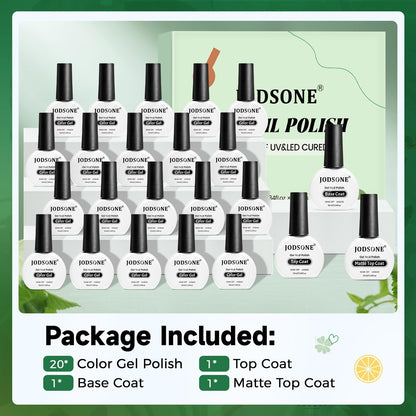 JODSONE Gel Nail Polish – 20-Color Set with Base Coat and Glossy/Matte Top Coats (23 x 10ml) – Pro Nail Kit