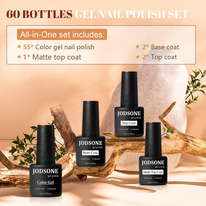 JODSONE 60-Pcs Gel Nail Polish Starter Kit – 55 Colors + Base & Top Coats