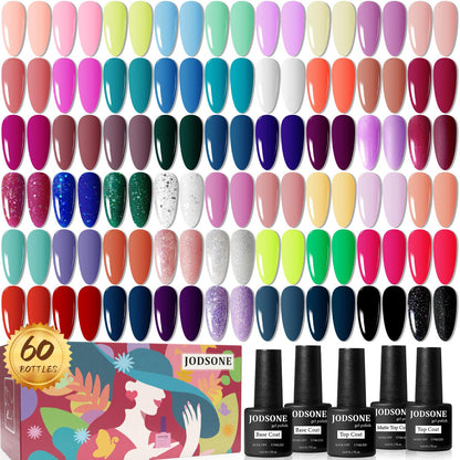 JODSONE 60-Pcs Gel Nail Polish Starter Kit – 55 Colors + Base & Top Coats