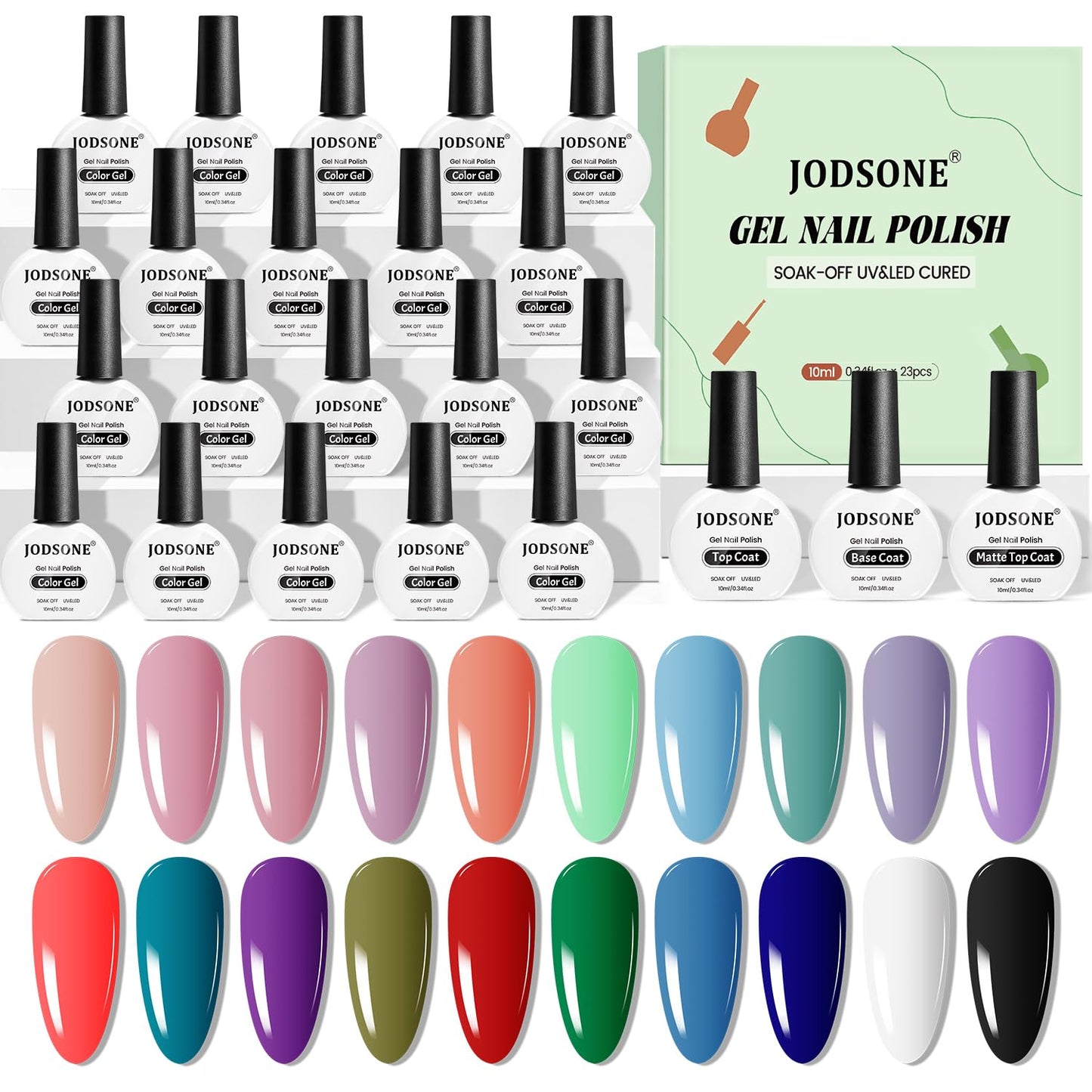 JODSONE Gel Nail Polish – 20-Color Set with Base Coat and Glossy/Matte Top Coats (23 x 10ml) – Pro Nail Kit