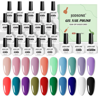 JODSONE Gel Nail Polish – 20-Color Set with Base Coat and Glossy/Matte Top Coats (23 x 10ml) – Pro Nail Kit
