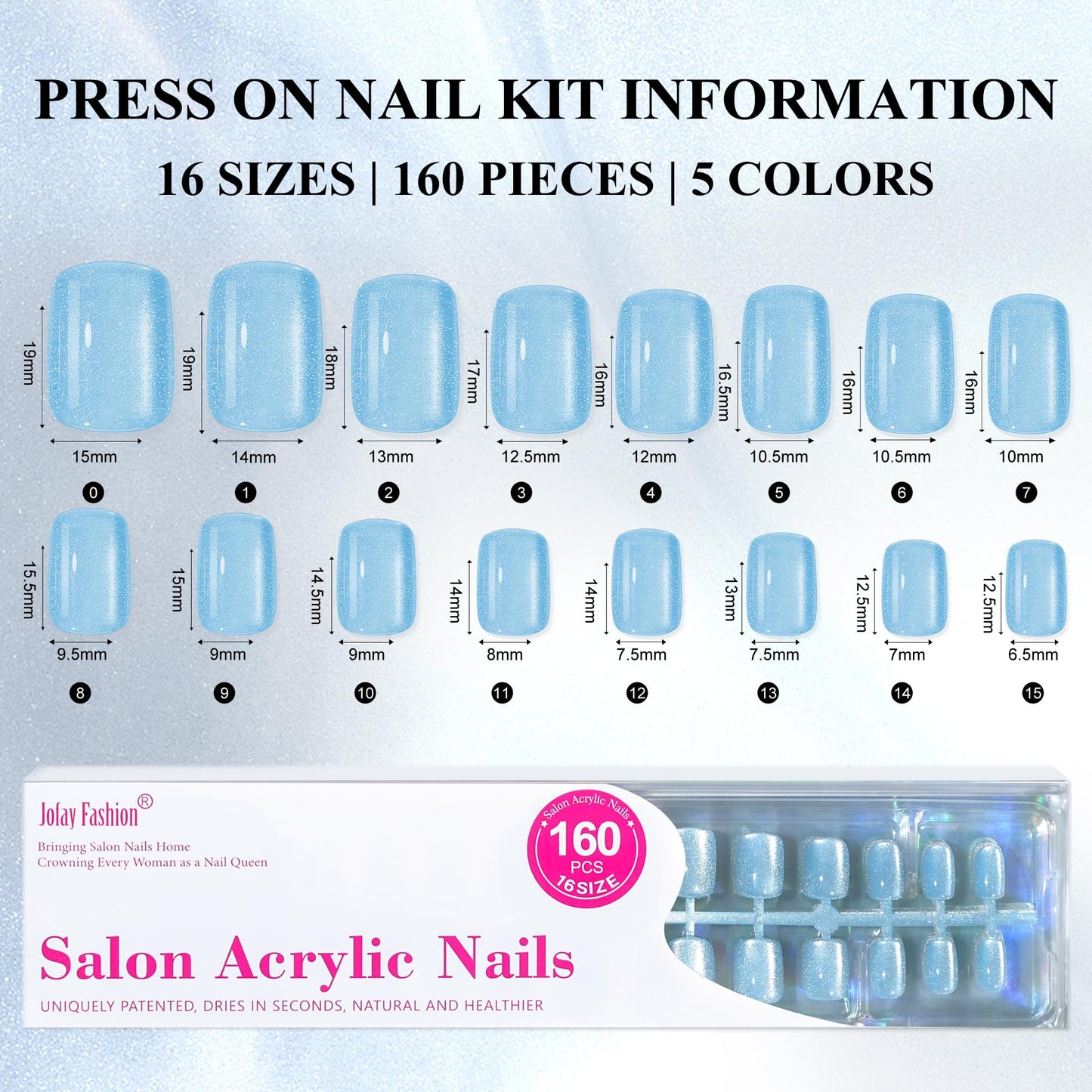 Jofay Fashion Cat-Eye Press-On Nails Kit – Island Shade, 160 Pcs, Reusable Gel Nails, Square Glue-On, 16 Sizes