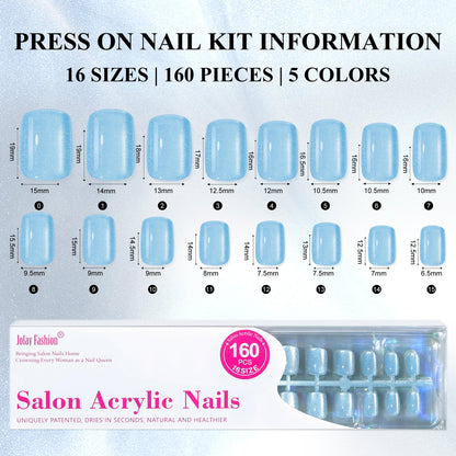 Jofay Fashion Cat-Eye Press-On Nails Kit – Island Shade, 160 Pcs, Reusable Gel Nails, Square Glue-On, 16 Sizes