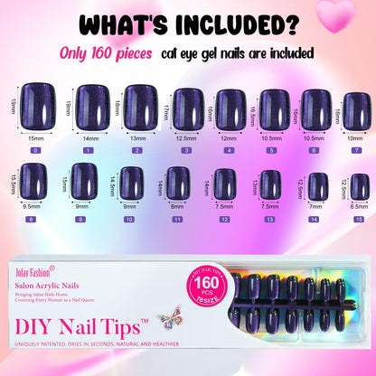 Jofay Fashion Cat Eye Press On Nails — Short Square Soft Gel Kit (160 pcs)