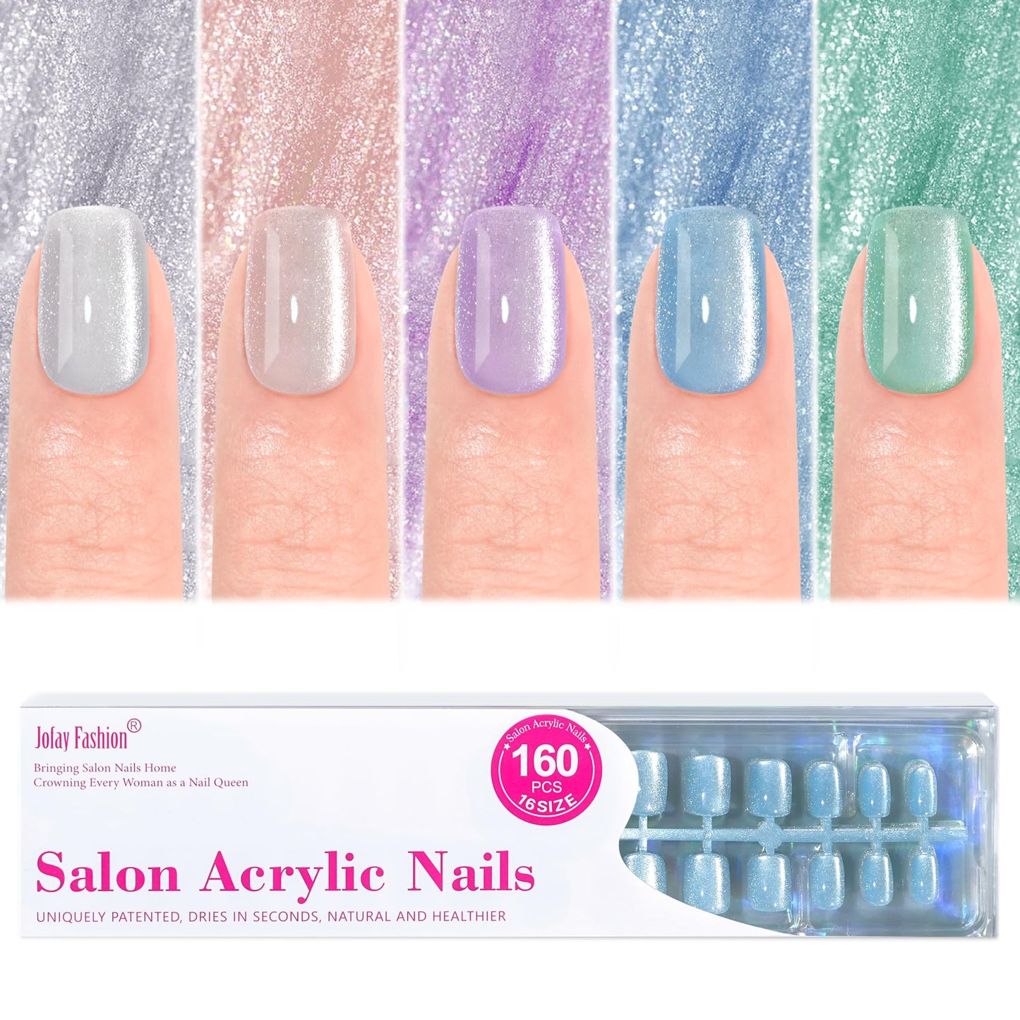 Jofay Fashion Cat-Eye Press-On Nails Kit – Island Shade, 160 Pcs, Reusable Gel Nails, Square Glue-On, 16 Sizes