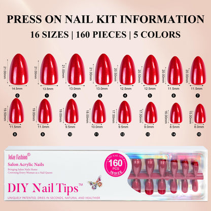 Jofay Fashion Red Press On Nails Short – 160 Pcs Almond Glitter, Salon-Quality