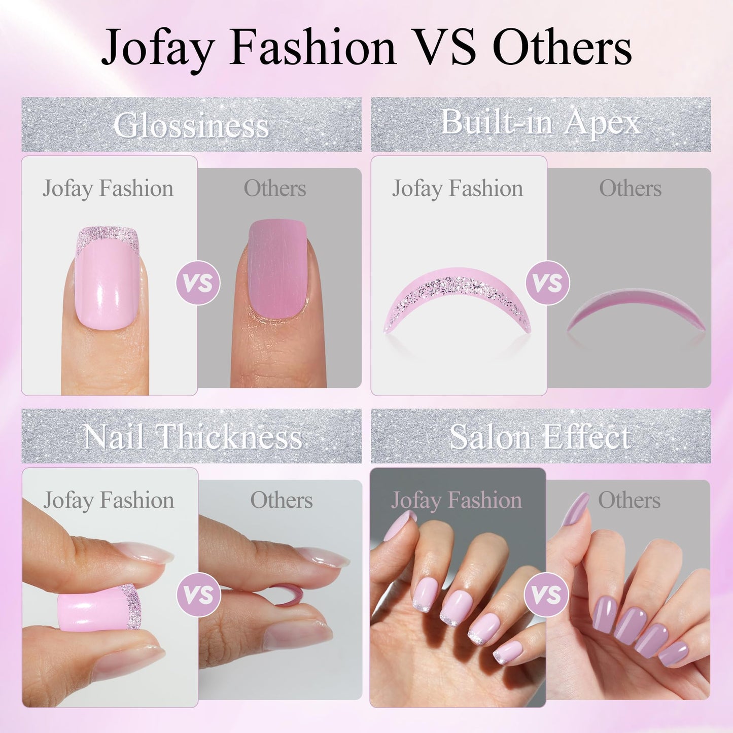 Jofay Fashion Press On Nails Short 5 Styles – 160Pcs Cat Eye Glitter French Tip, Reusable Opaque Gel Nails, Square Glue-On Nails (16 Sizes)