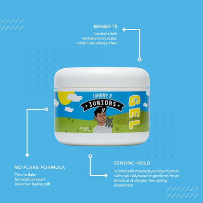 JOHNNY B. Juniors Hair Gel for Kids – No-Flake, Medium Hold, 8 oz Jar