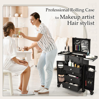 Joligrace Professional Rolling Makeup Case - 4-Drawer Pro Makeup Artist Train Case with 6 Wheels