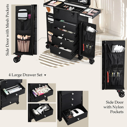 Joligrace Professional Rolling Makeup Case - 4-Drawer Pro Makeup Artist Train Case with 6 Wheels