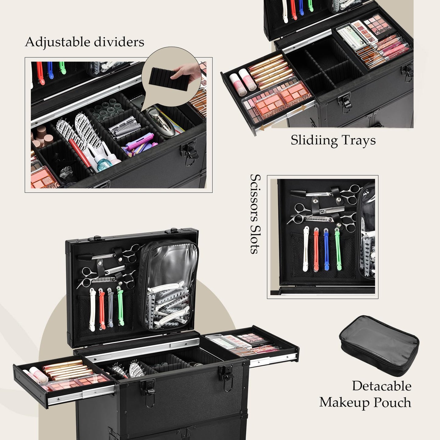 Joligrace Professional Rolling Makeup Case - 4-Drawer Pro Makeup Artist Train Case with 6 Wheels