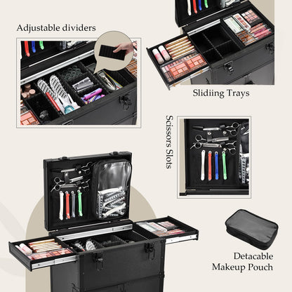 Joligrace Professional Rolling Makeup Case - 4-Drawer Pro Makeup Artist Train Case with 6 Wheels