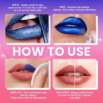 Jolilab Lip Stain Wipe Off – Waterproof Matte Lip Tint, Ultra Long-Lasting Peel-Off (3-Shade Set)