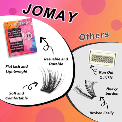 JoMay Self-Adhesive Flat Lash Clusters – No Glue Needed, D-Curl Ultra Soft X5, 56pcs by M J JOMAY