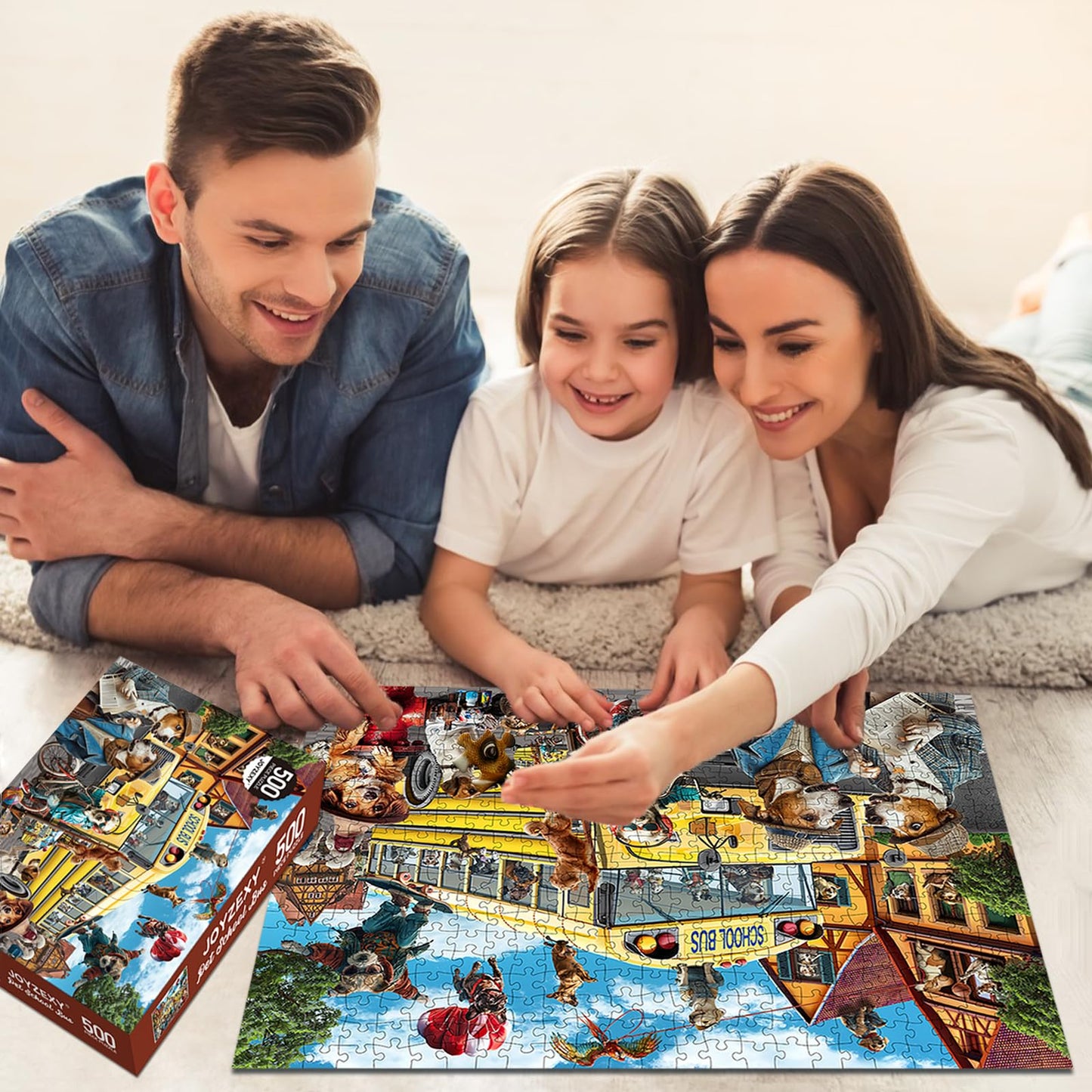 JOYZEXY 500-Piece Dog & Cat Puzzle – Family Jigsaw, Pets School Bus Scene