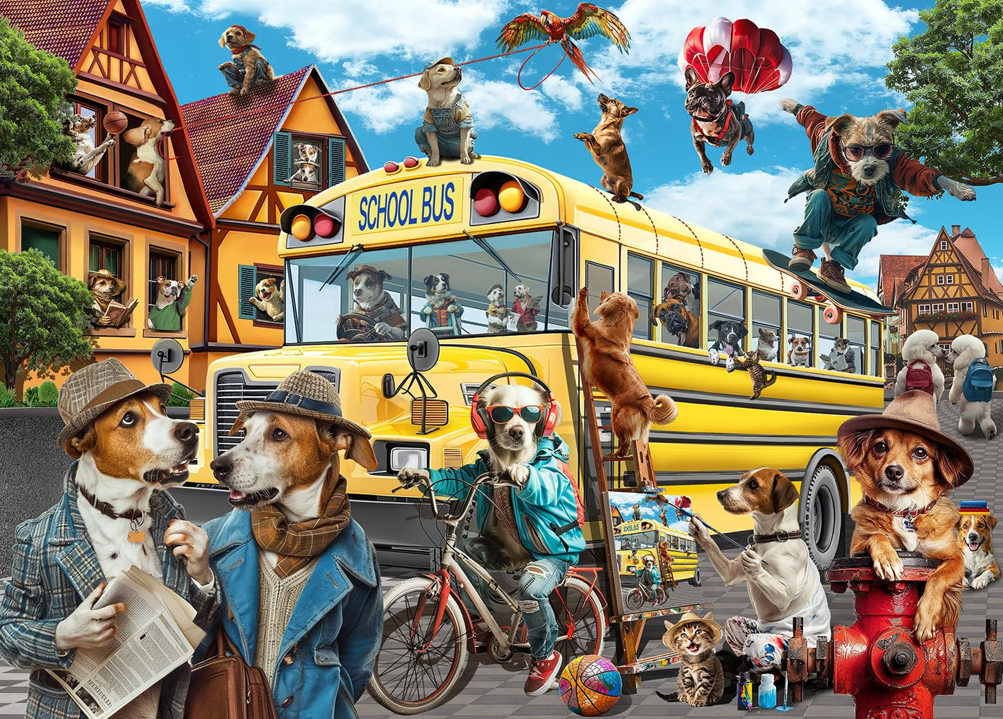 JOYZEXY 500-Piece Dog & Cat Puzzle – Family Jigsaw, Pets School Bus Scene