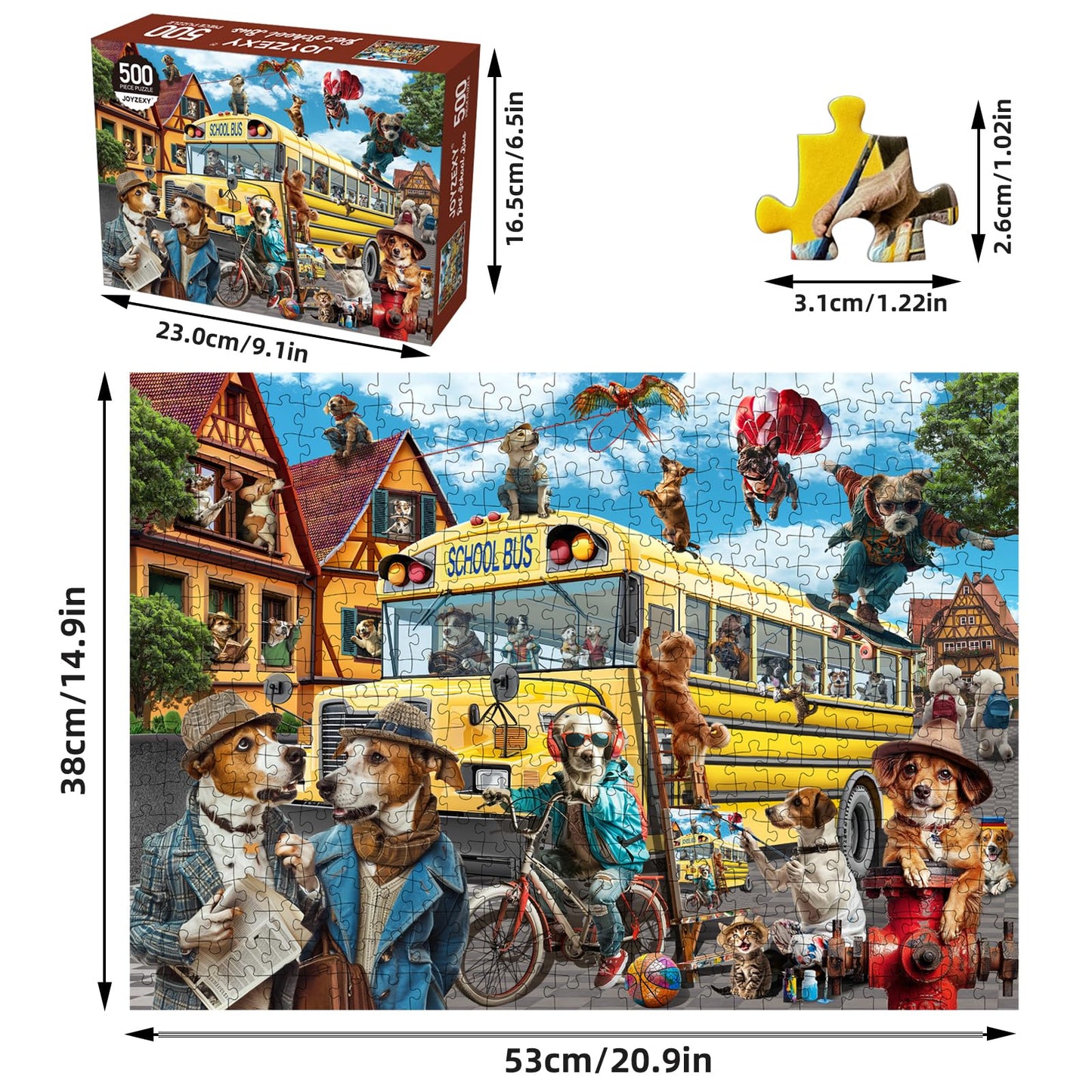 JOYZEXY 500-Piece Dog & Cat Puzzle – Family Jigsaw, Pets School Bus Scene