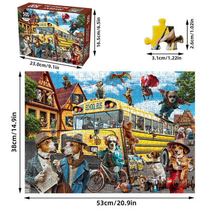 JOYZEXY 500-Piece Dog & Cat Puzzle – Family Jigsaw, Pets School Bus Scene