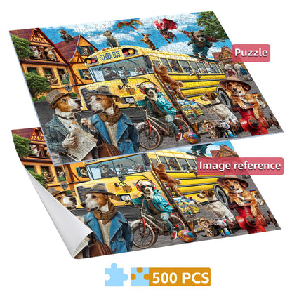 JOYZEXY 500-Piece Dog & Cat Puzzle – Family Jigsaw, Pets School Bus Scene