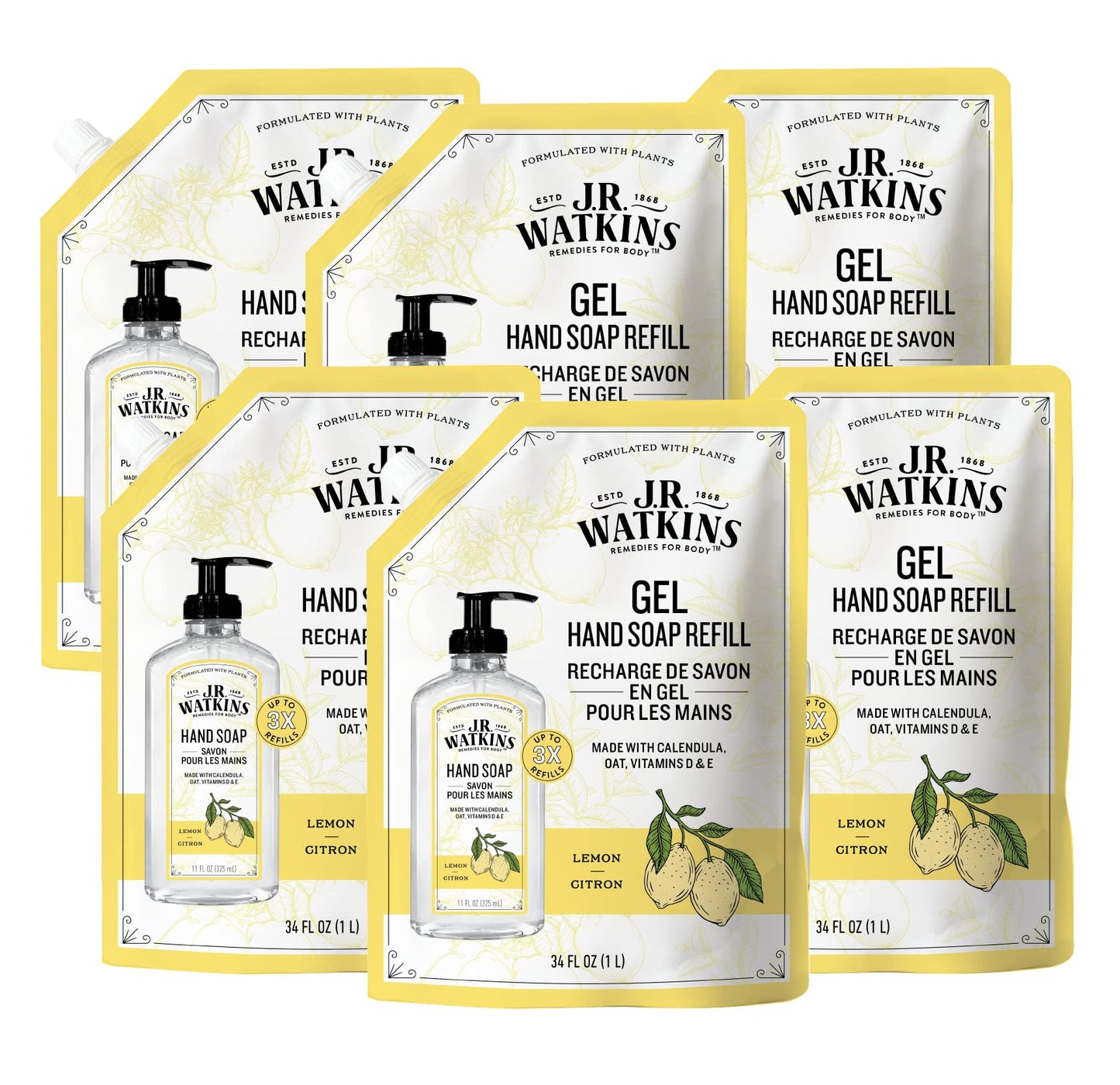 J.R. Watkins Lemon Hand Soap Refill Pouch — 34 oz, USA Made, Cruelty Free, 6 Pack