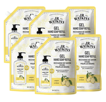 J.R. Watkins Lemon Hand Soap Refill Pouch — 34 oz, USA Made, Cruelty Free, 6 Pack