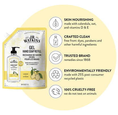 J.R. Watkins Lemon Hand Soap Refill Pouch — 34 oz, USA Made, Cruelty Free, 6 Pack