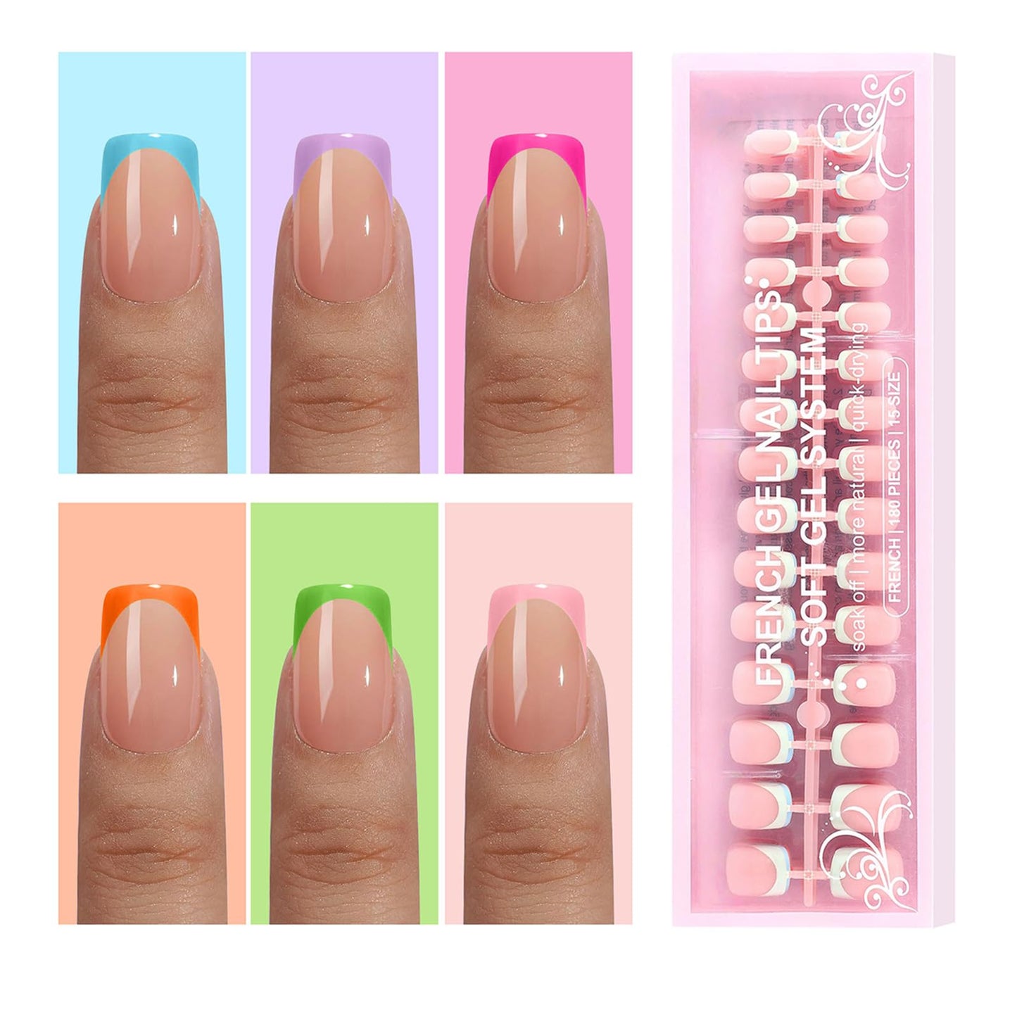 Jsiallye French Tip Press-On Nails – 6 Pack, 180 Pcs Short Square Gel Nail Tips (No File Needed)