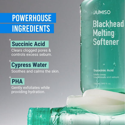 JUMISO Blackhead Melting Softener Kit – Succinic Acid & PHA Pore Solution (150ml, 40 Pads, 10 Swabs)