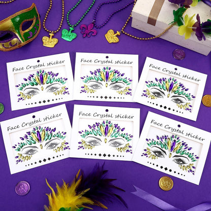 JUNEBRUSHS Mardi Gras Face Jewels – 6 Sheets of Premium Acrylic Temporary Tattoos in Yellow, Green & Purple