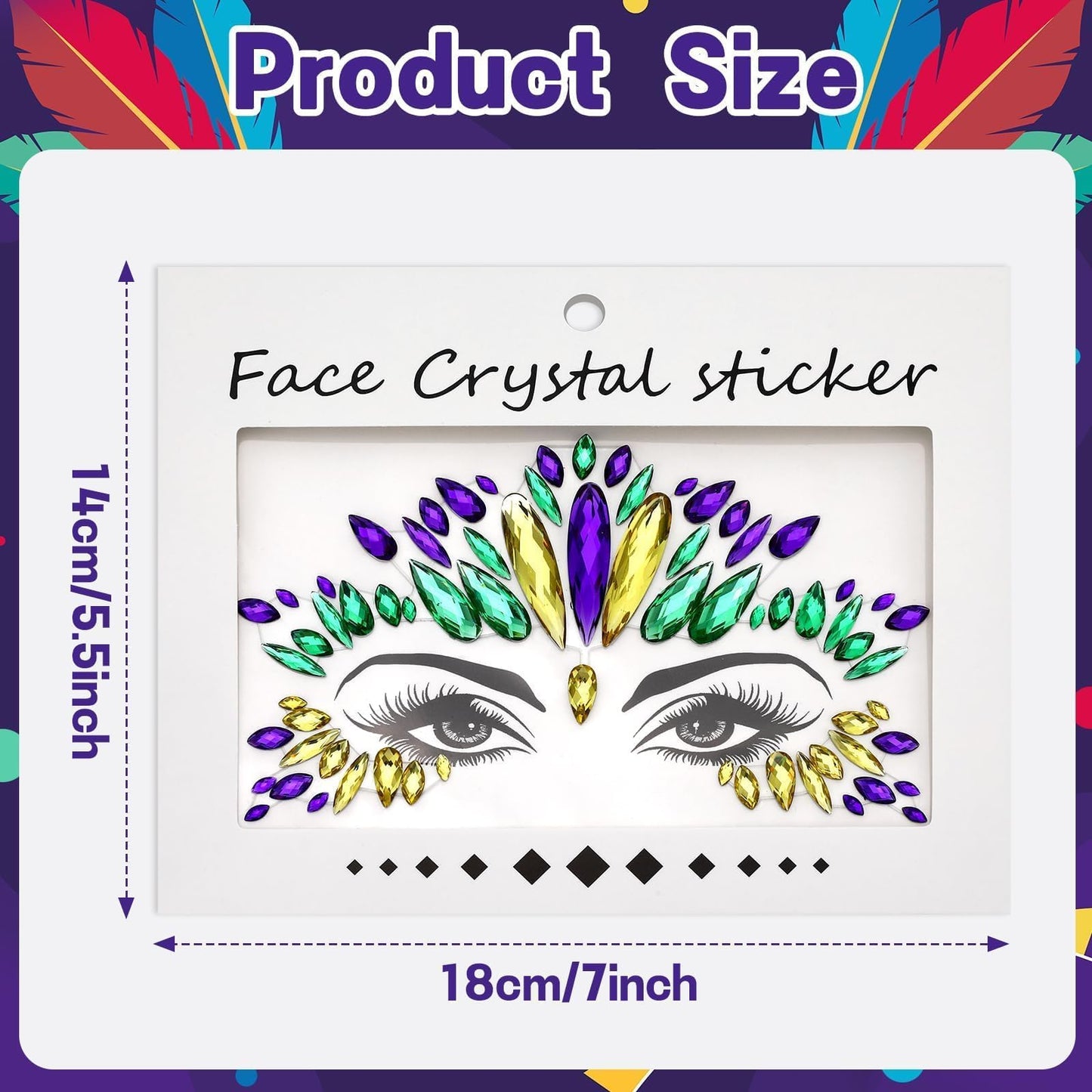 JUNEBRUSHS Mardi Gras Face Jewels – 6 Sheets of Premium Acrylic Temporary Tattoos in Yellow, Green & Purple