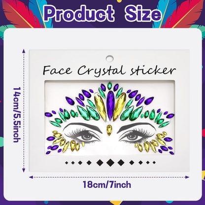 JUNEBRUSHS Mardi Gras Face Jewels – 6 Sheets of Premium Acrylic Temporary Tattoos in Yellow, Green & Purple