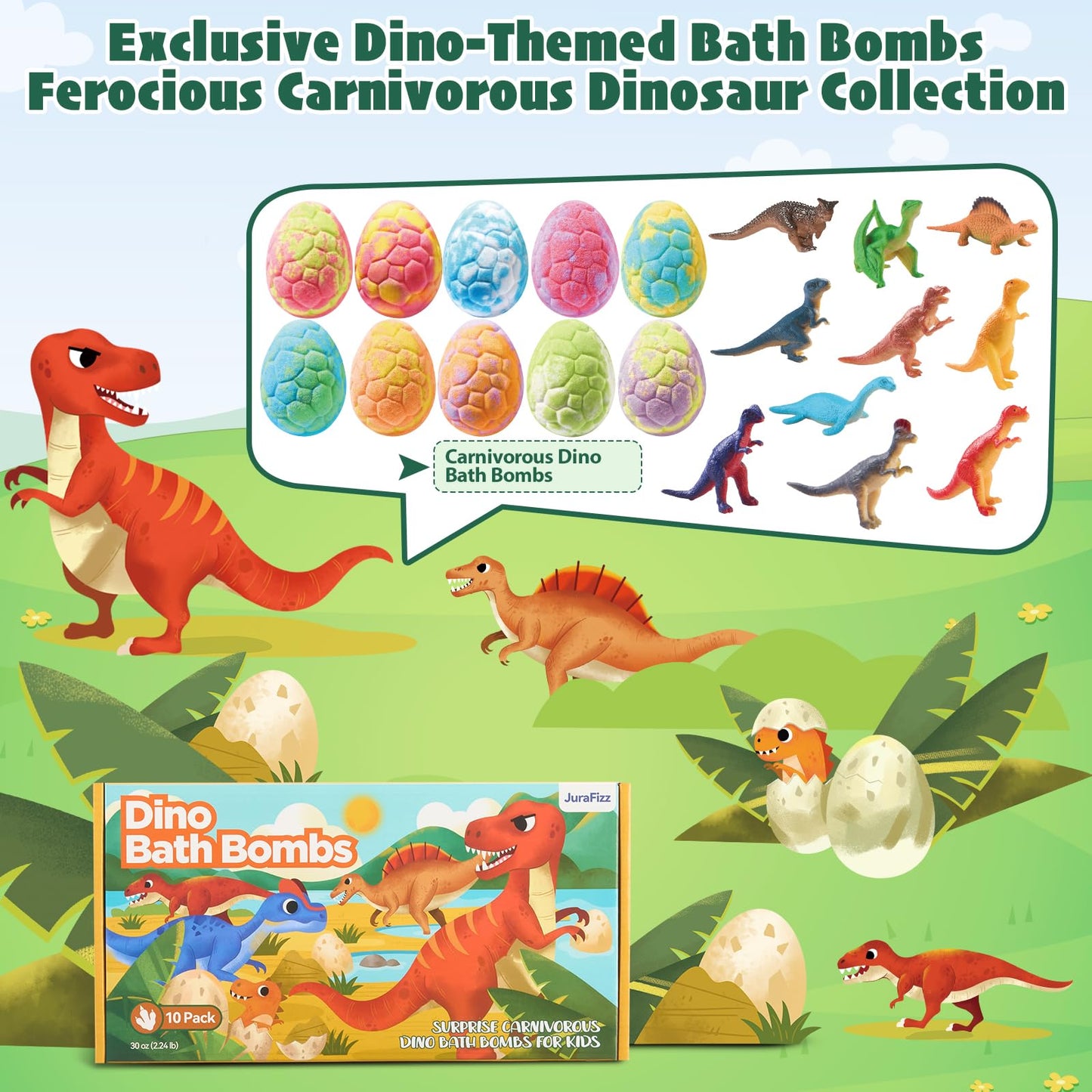 JuraFizz Dinosaur Bath Bombs - 10 Pack with Surprises Inside for Safe Colorful Bath Fun