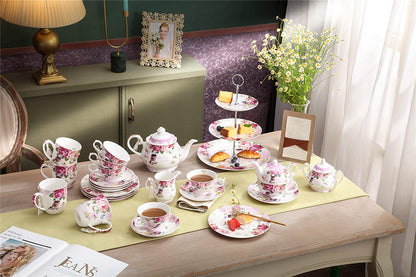Cups Mugs Set 4 Fine China Shabby Chic Vintage Retro Design in Gift Box 330ML (Rose Pink)