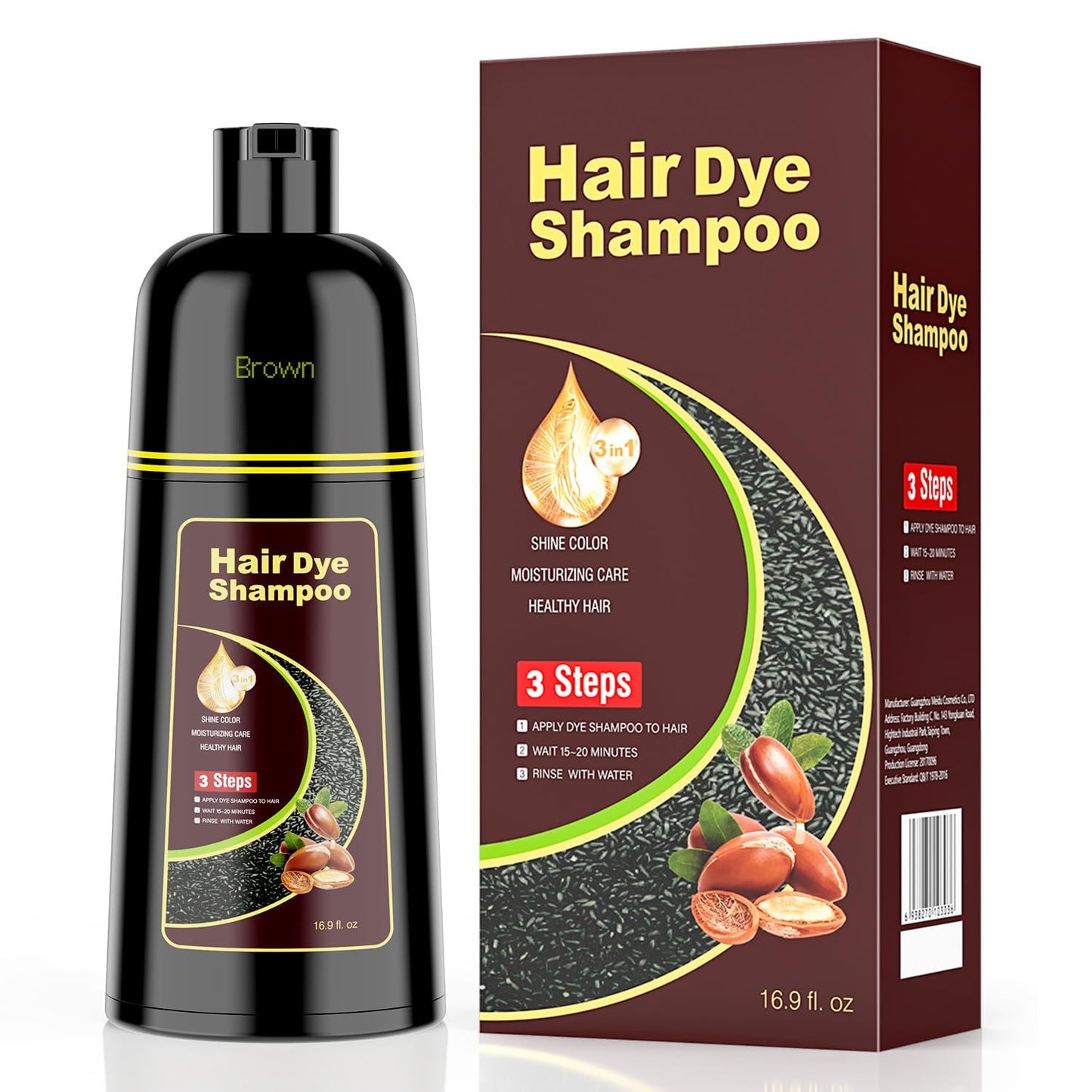 KAISASA Brown Hair Dye Shampoo 3-in-1 with Argan — Gray Coverage for Women & Men (16.9 oz)