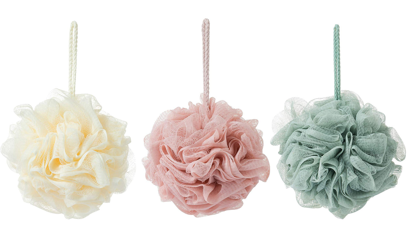 KAKOOI Bath Sponges – Soft Exfoliating Loofahs (3 pcs, Green/Linen/Pink)