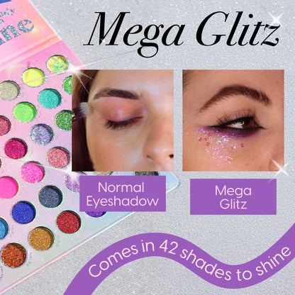 Kara Beauty Mega Glitz Palette – 42 Glitter Shades for Eyes, Face & Body | No Glue Needed
