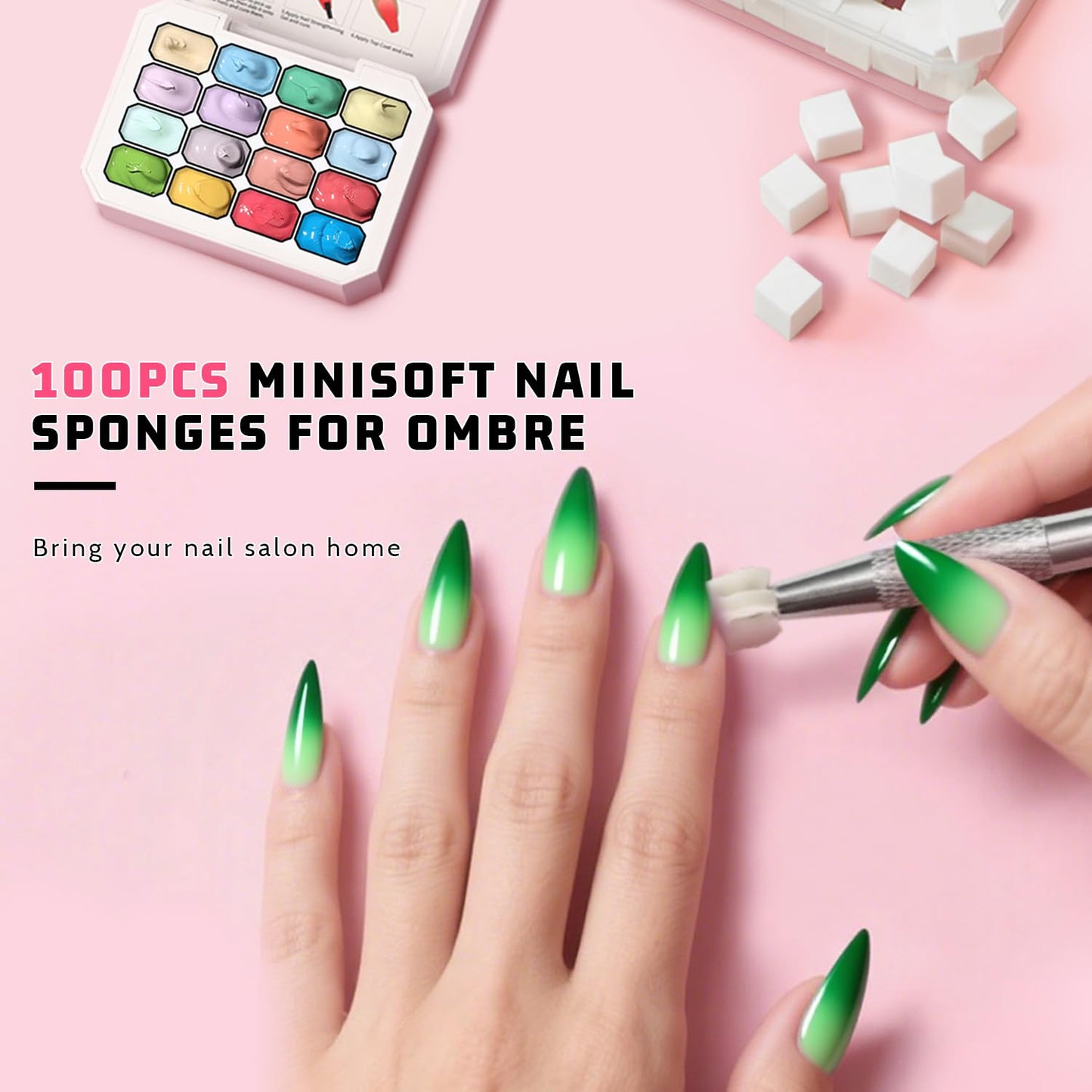 Karroy Sponges Pat Gel Nail Polish Palette – 16-Color Ombre Gel Set (No-Wipe) UV/LED, 100 Sponges, 6 Brushes