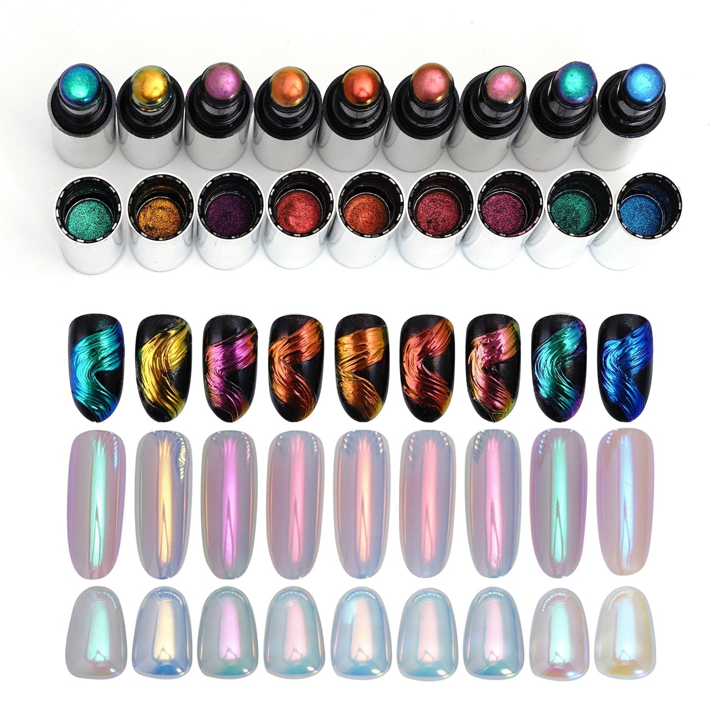 Katfan Holographic Chrome Nail Powder Set — 9 Colors, Aurora & Chameleon Effects, Silicone Brush Included