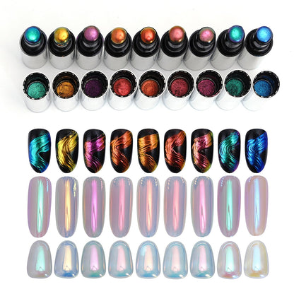 Katfan Holographic Chrome Nail Powder Set — 9 Colors, Aurora & Chameleon Effects, Silicone Brush Included