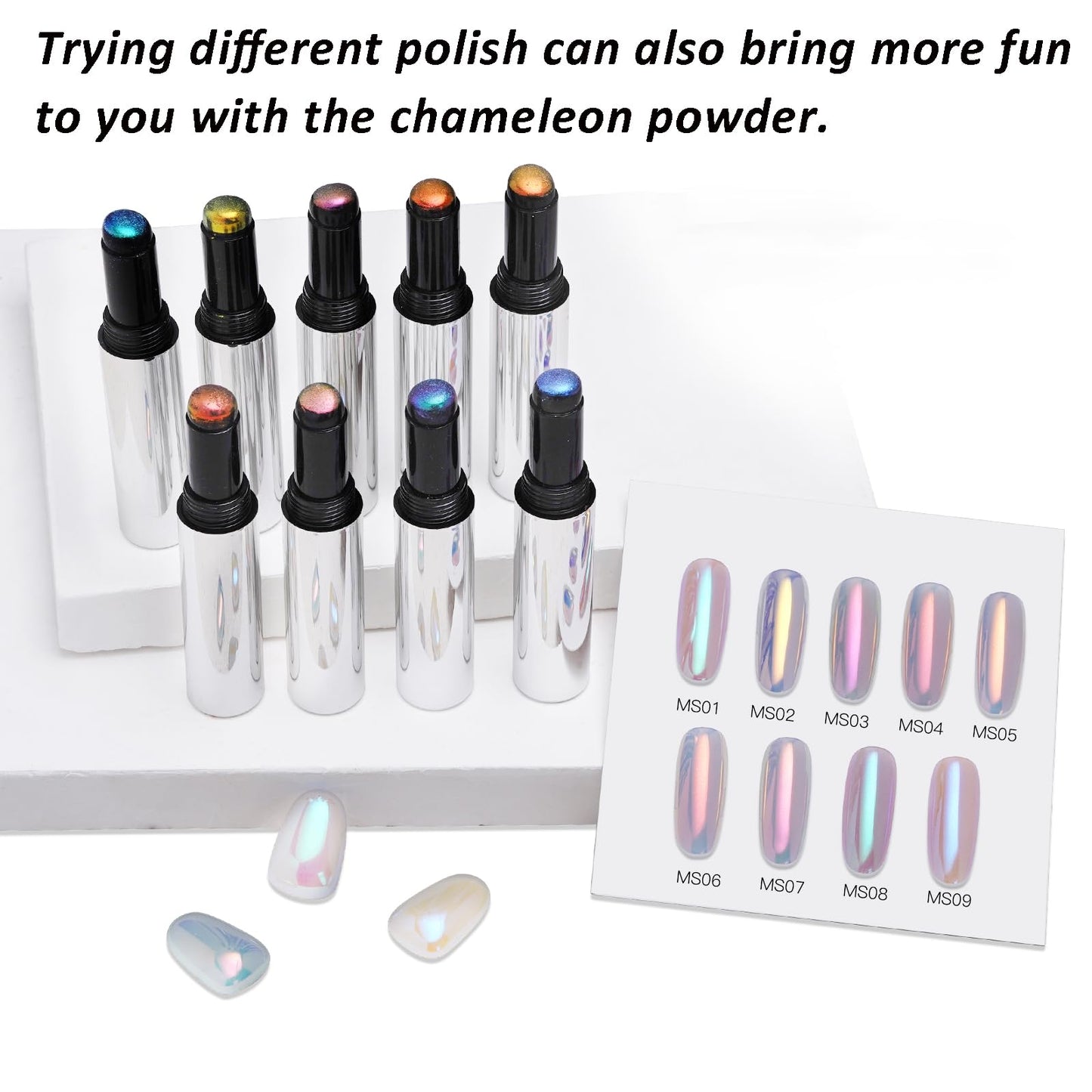 Katfan Holographic Chrome Nail Powder Set — 9 Colors, Aurora & Chameleon Effects, Silicone Brush Included
