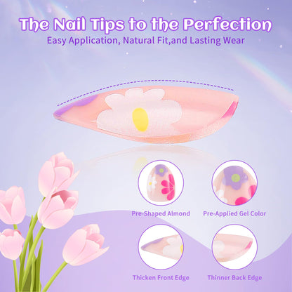 Kawyehu 90-Piece Kids Press-On Nails | 3-Style Almond Nail Kit for Girls 8-12 with Glue - Strawberry