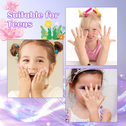 Kawyehu 90 Pieces Kids Press-On Nails – 3-Pack Colorful Almond Nail Kit with Glue